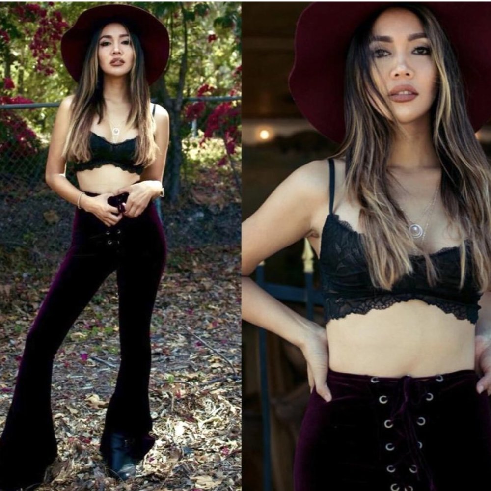 High Rise Lace Up Velvet Bell Bottoms